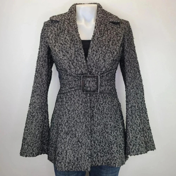 Jessica Simpson Black White Boucle Tweed Fit Flare Bell Sleeve Coat Y2K XS - Picture 1 of 16